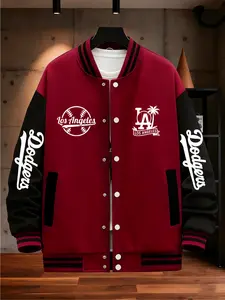 Men's Colorblock Full-Sleeve Streetwear Vintage Baseball Los Angeles La Palm Tree Dodgers Print Casual Sport Jacket