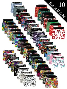 10 Random Men's Boxer Briefs Set | Colorful Graffiti/Skull/Tropical/Christmas & Other Unique Prints | Black Waist | Lively & Eye - Catching | Cost - Effective | Trendy Men's Underwear | Men's Underwear Gift Pack | Comfortable & Snug |