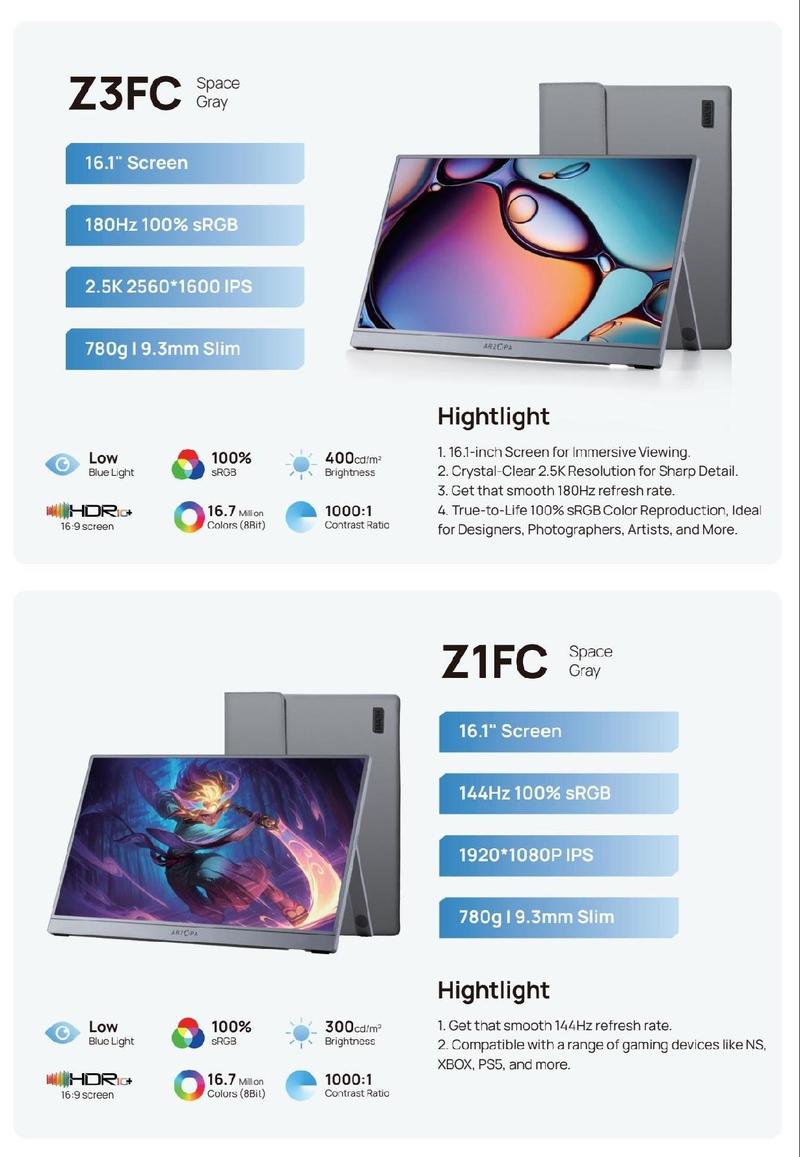 ARZOPA 16.1" Portable Gaming Monitors – 180Hz 1440P QHD / 144Hz 1080P FHD – Ultra Slim External Display for Laptops Gaming PC PS5 Xbox Mac with Built-in KickStand & Dual Speakers – Gray