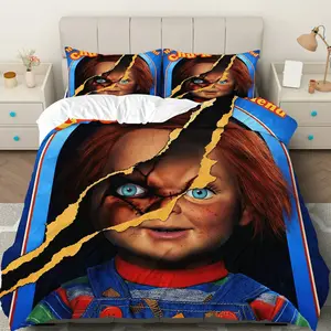 3PCS Duvet Cover Set, 1 Duvet+2 Pillowcases(Without filler), Scary Doll Movie Horror Theme, Halloween bedding set, Creepy Home Decoration Suitable for bedroom, dorm, lounge, guest room.
