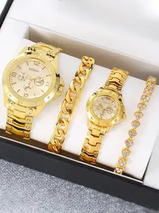 Fashion Couple Quartz Watch With Golden Bracelet, Alloy Strap Watch, Exquisite Round Dial Couple Wrist Watch, Watch Set Perfect for Mother's Day, Father's Day, Graduation Season, and Casual Attire, No Packaging Box Included
