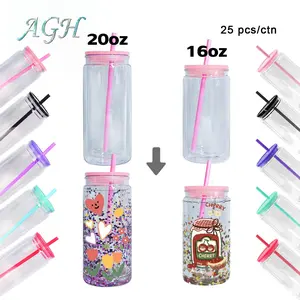 AGH 25pcs 16oz 20oz Plastic Acrylic Cups Double Wall Tumblers Drinkware for Beer Coffee Juice DIY Glitter Gift with Pre Drilled Hole Plugs