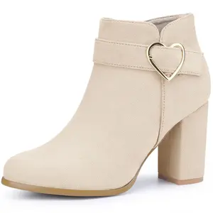 BLISSFUL STEP Buckle Chunky Heels with Side Zip Ankle Booties for Women 6 Beige