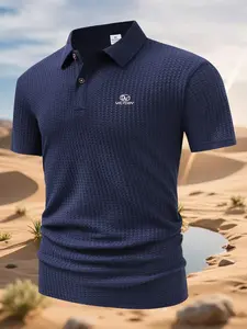 Men's Victory Graphic Waffle Knit Polo Shirt, Casual Business Short Sleeve Top, Breathable Summer Golf Wear, Men's Fashion Polo