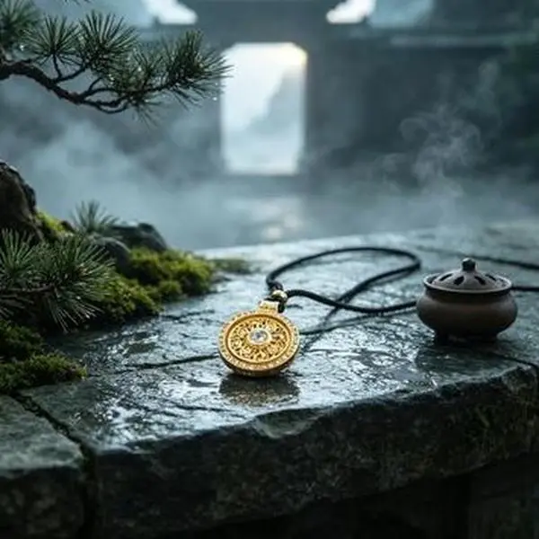 Wu Dang Temple Gold Plated Amulet Charm Accessory, Hollow Filigree with Auspicious Motifs, Collectible Pendant with Lanyard Cord, Religious Jewelry Phone Strap for Exquisite Jewelry Gifting