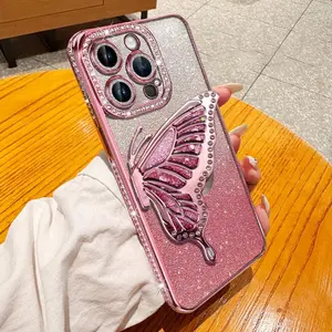 Butterfly Design Phone Case with Holder, 1 Count Rhinestone Decor Phone Protective Cover, Phone Accessories for iPhone 11 12 13 14 15 16 Series