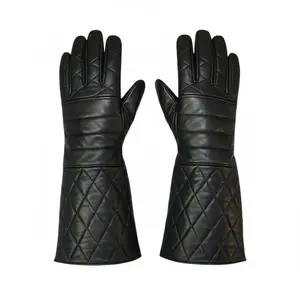 Black Leather Gauntlet Gloves – Quilted Design Extended Cuff Fashion Gloves