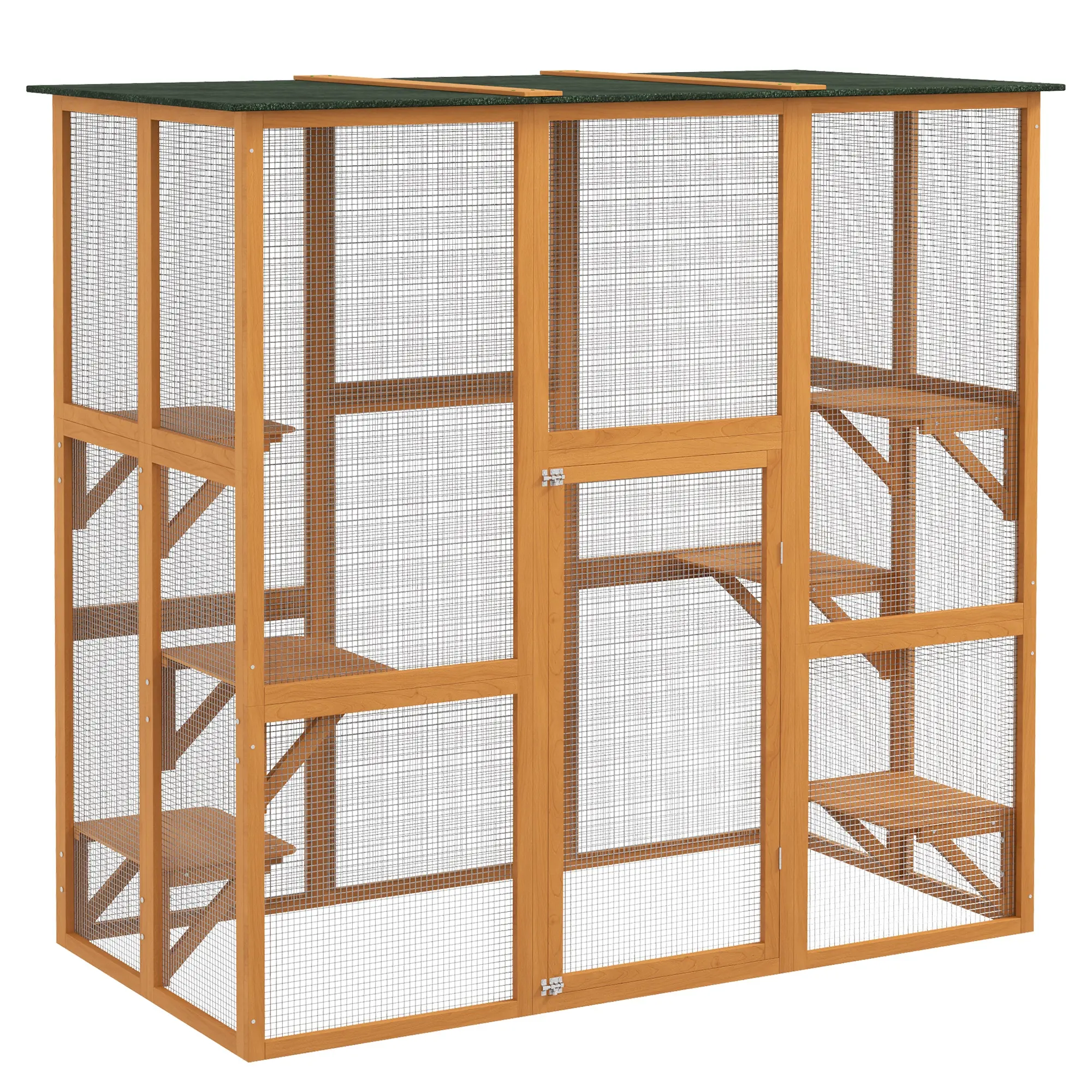 PawHut Outdoor Cat House Big Catio Wooden Feral Cat Shelter Enclosure with Large Spacious Interior, 6 High Ledges, Weather Protection Asphalt Roof, 71" L, Grey