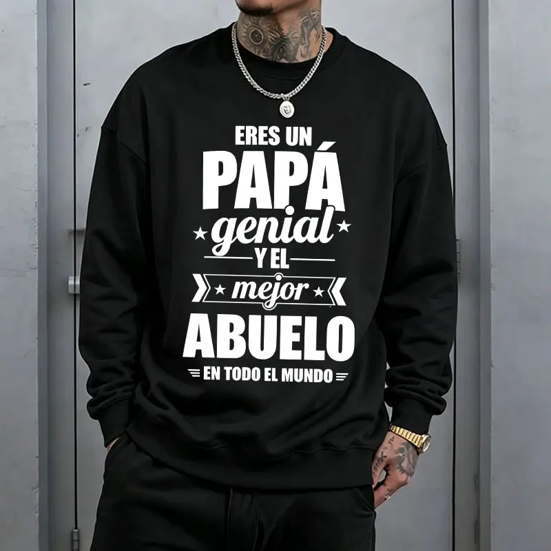 Men’s crewneck sweatshirt with Spanish-language playful lettering print, casual and versatile, streetwear style for everyday wear [Runs small, order one size up]