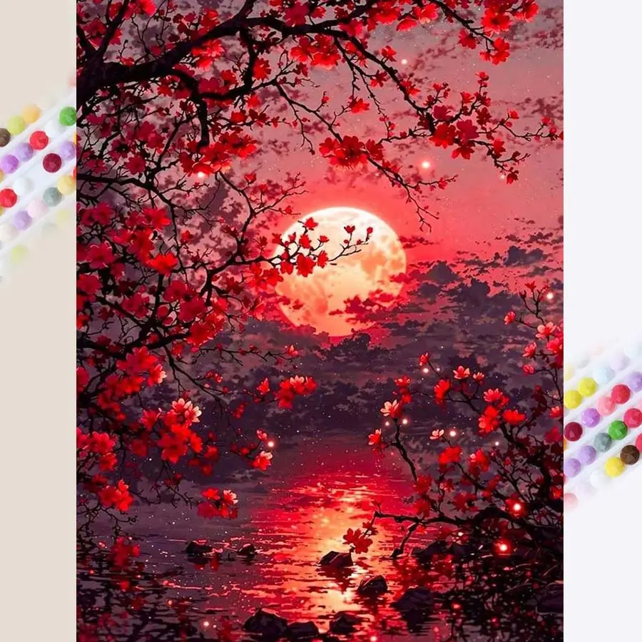1pcs 5D DIY diamond painting kit, 5D diamond art set, DIY decoration, red moon, cherry blossom, lake surface diamond painting set full round drill DIY, mosaic, diamond art, DIY art home decor, craft, suitable for Halloween and Christmas.