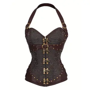 Jacquard Halter Strapless Corset, Tummy Control Lace Up Push Up Body Shaper, Women's Lingerie & Shapewear