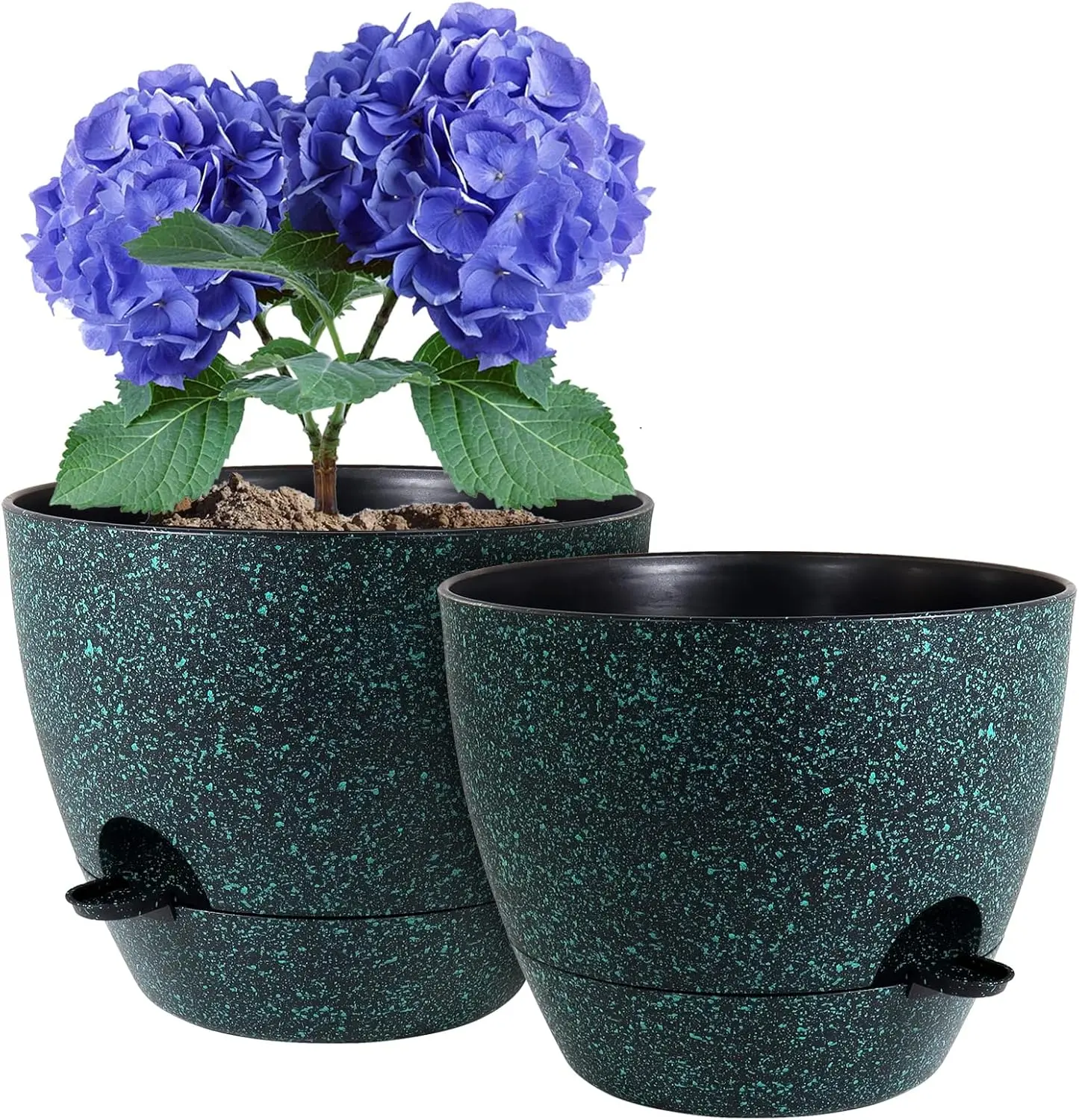 10 inch Self Watering Pots, Planter,  Pots with Mesh Drainage Holes for Indoor Outdoor House  and Garden, 2 Pack Plastic Flower Pots with Reservoir, Black with Green Speckles