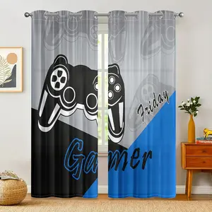 1 set of 2 pieces, game controller printed curtains, Window Curtain, semi transparent polyester fiber, top perforated, suitable for fashionable home decoration curtains in living rooms, bedrooms, study rooms, kitchens, anti privacy, easy to clean