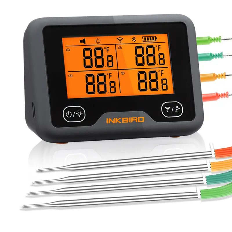 INKBIRD Wireless Meat Thermometer (IBBQ-4BW) - Plastic Bluetooth WiFi Smart Kitchen Thermometer with 4 Color Probes, 4 Channel, Compact Design, High/Low Alarm, WiFi Control, LED Display, Waterproof Utensil for Grilling, Works with Android 4.4+ and iOS 11+