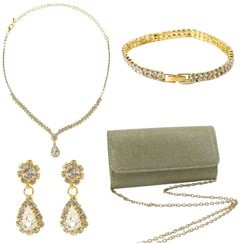 Shiny Rhinestone Bridal Jewelry Set with Champagne Glitter Evening Clutch Purse, Water Drop Crystal Necklace Earrings Bracelet Combo, Formal Dress Matching Accessories for Wedding Guest, Banquet, Pageant, Date Night Gift