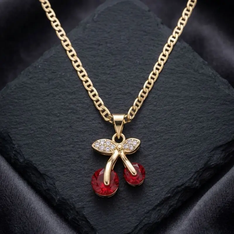 Beautiful Cherry Charm Necklace for You - Elegant Gold Chain with Sparkling Pendant - Perfect Gift for Her!