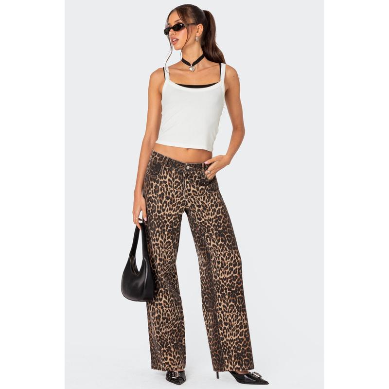 Leopard Printed Low Rise Baggy Jeans