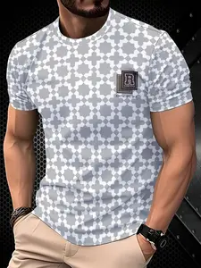Men's Slim Fit Geometric T-Shirt, Modern Minimalist Aesthetic, Round Neck Design, Single Color Pattern, Menswear, Suitable for Commuting & Social Gatherings