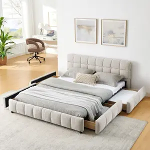Stylish Beige Queen Size Upholstered Bed with Solid Frame and Drawer Soft Comfortable Modern Elegant Design with Drawer Storage and Foam Material