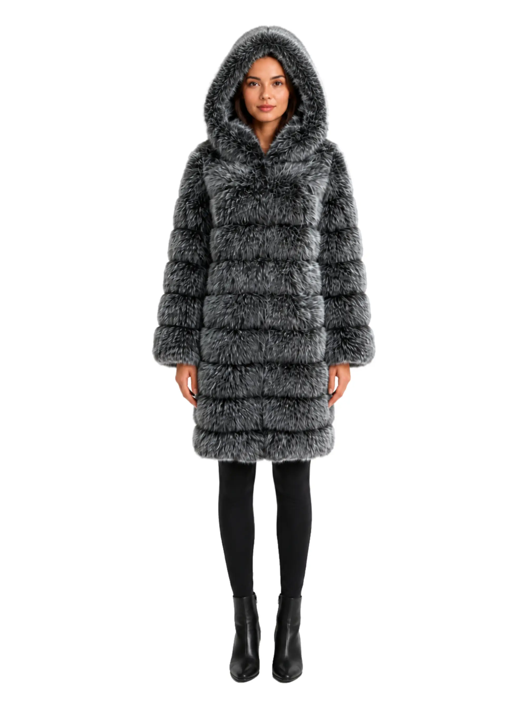 DLNYC Women’s Long Hooded Layered Faux Fur Jacket, Luxury Full Length Plush Coat, Winter Warm Oversized Fur Outerwear