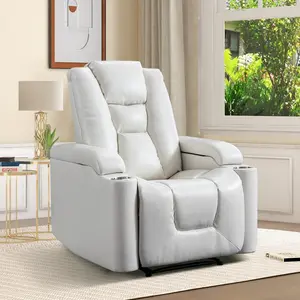Ebello White Power Recliner Chair | Electric Home Theater Seating w/ Hidden Storage, Cup Holders & USB Ports | Overstuffed Leather Single Reclining Sofa