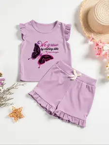 Two-Piece Set Toddler Girl's Butterfly Print Short Sleeve Tee & Ruffle Trim Shorts, Cute Casual Round Neck T-Shirt & Elastic Waist Bottoms for Daily Wear, Kids Clothing for Summer, Baby Clothing, Essentials Set, Gift Sets