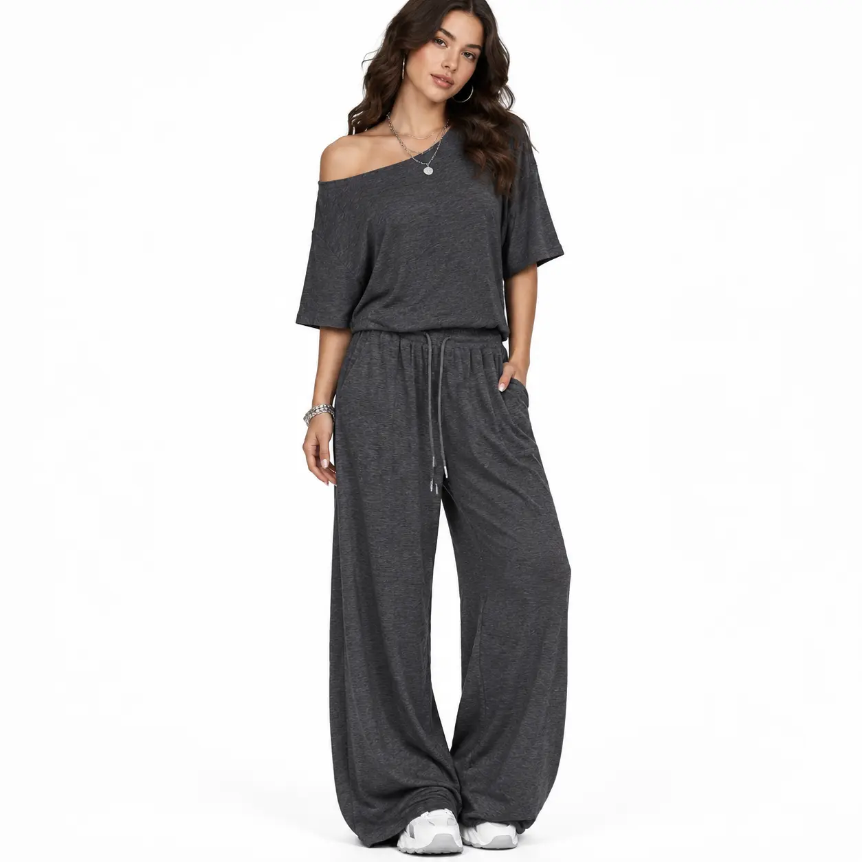【Black Friday】Women's Off-Shoulder Short-Sleeve Solid Color Drawstring Waist Wide Leg Lounge Jumpsuit - Casual Sportswear Set for Sports & Outdoor Activities
