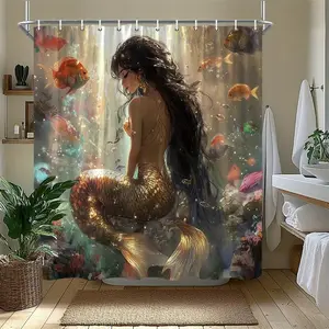 1pc Mermaid Shower Curtain, Featuring A Golden-Tailed Mermaid And Colorful Fish, Coral Reef Design With Sunlight, Made Of Durable Polyester Fabric, Machine Washable, Comes With Hooks, Unique Gift Idea, Mermaid Bathroom Decoration, Washable Fabric
