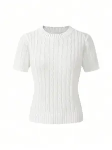 Soft Breathable Skin-Friendly Fabric Comfortable Polo Knit Short Sleeve Shirt, Casual Round Neck Slim Fit Hollow Out Design for Summer Beach Wear