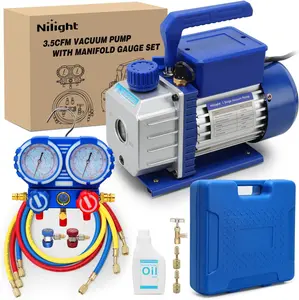 Nilight AC Vacuum Pump and Gauge Set, 3.5 CFM 1/4 HP 110V Single Stage HVAC Vacuum Pumps & Manifold Gauge Set Kit for R22 R404a R134a R410a, for Auto Air Conditioning Servicing Refrigerant Recharging summervibes