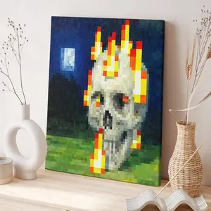 1 Counts Wooden Framed Canvas, Pixel Skull with Flames Under Moonlit Night Pattern, Halloween Poster Decoration, Horror Theme, Modern Art Party poster, Fashion Poster, Wooden Wall Art, Living Room Bedroom Decoration, Hallway Office Mural, High Definition