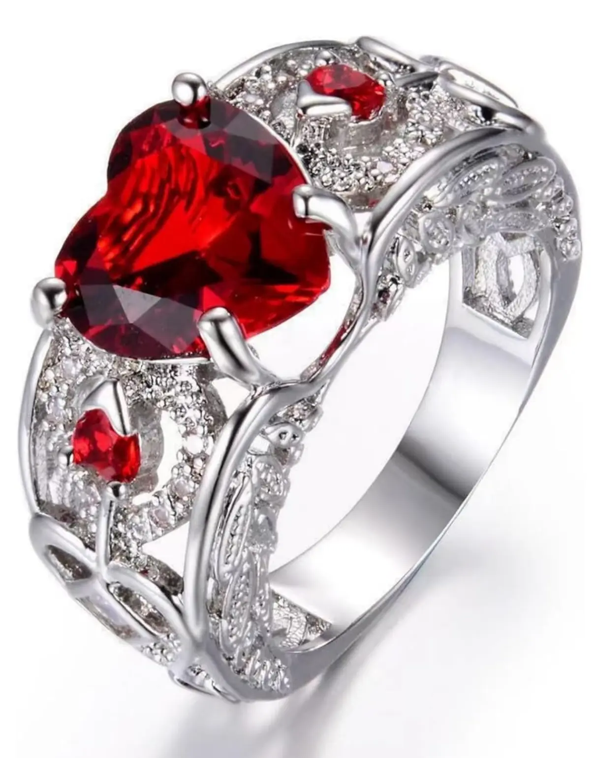 Stainless Steel Heart Ring for Women – Red Cubic Zirconia