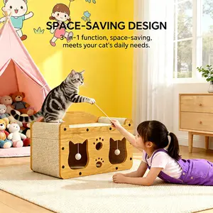 3-in-1 Cat Scratcher House with Interactive Toys, Durable Cardboard Cat Bed & Lounge, Anti-Tipping & Sturdy for Indoor Cats Cat Scratcher House  Cat Furniture  Cat Toys Cat Sof Indoor Cat Essentials  Cat Bed,summervibes