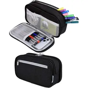 Big Pencil Case Large Capacity Pencil Bag Pouch 3 Multi Comparments High Storage Pen Holder Marker Holder Portable Office Stationery Organizer Supplies Makeup  Bag Men Women (Black)
