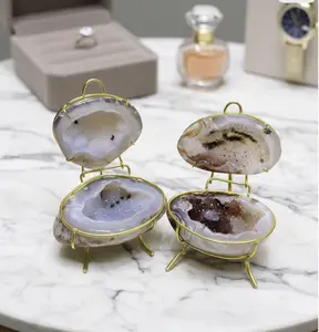 Brazil Agate Geode Ring Holder Box with Natural Variations and Sturdy Gold-Toned Iron Stand for Engagement Proposal Love Gift