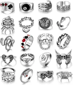 35 Pcs Vintage Silver Knuckle Rings Set for Women Men, Grunge Gothic Rings Chunky Aesthetic Snake Stackable Adjustable Punk Bulky Finger Alt Fairy Skull Frog Heart Star Flower Midi Ring Pack