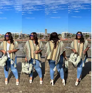 RICH AUNTIE WINTER OPEN FRONT PONCHO - SAGE GREEN MUSTARD TAN BLEND