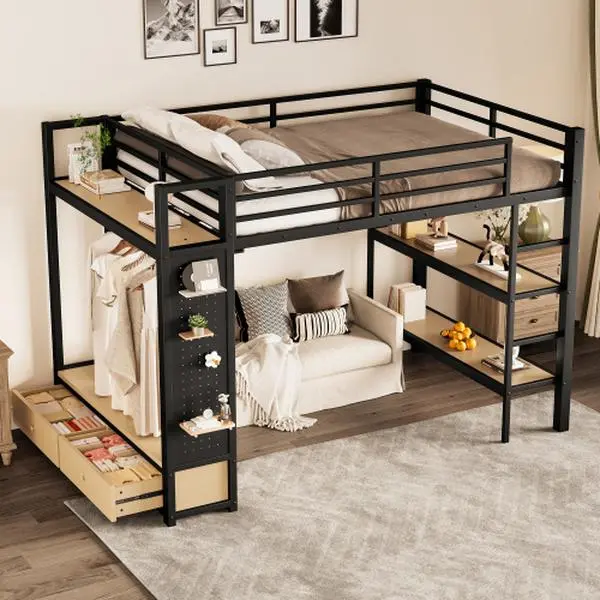 Bellemave Self-Assembled Single Metal Loft Bed Frame Storage Combo - Indoor Furniture, 3D Space Saver with Storage Underneath, Open Wardrobe, Hanging Rod, 2 Bottom Drawers, Shelves, Pegboard Hooks, Wobblefree Step, Full-Length Rails, Closet+Drawers, Bed W