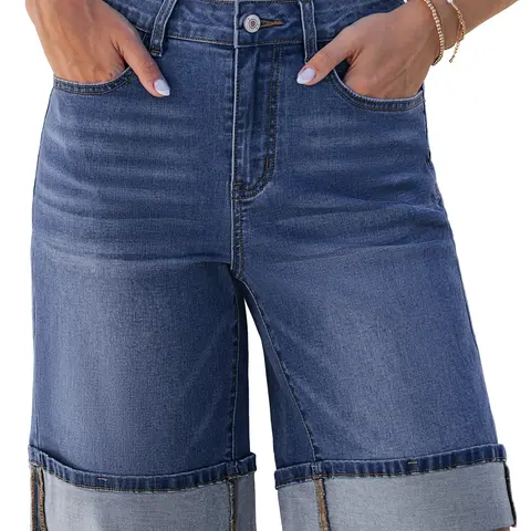 luvamia Women's High Waist Denim Bermuda Shorts, High Waist Smooths the Midsection, Cuffed Ends, Knee-Length, Stretch Fit, Loose, All Seasons Stretchy Jorts