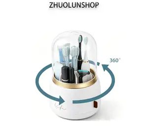 Rotating Toothbrush Holder with Dust Cover, 7-Slot Bathroom Toothbrush Organizer with Drainage, Multifunctional Electric Toothbrush and Toothpaste Stand, Vanity Countertop Storage for Makeup Brushes Razors