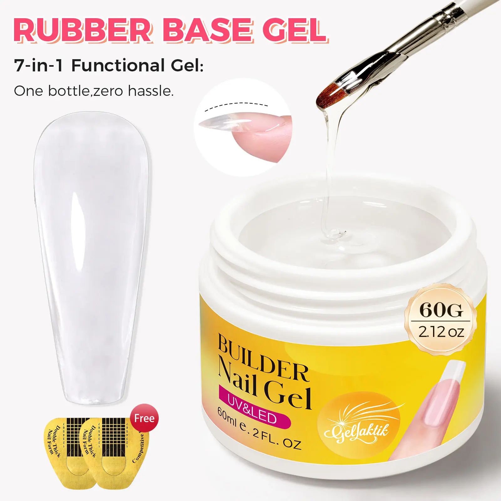 GELLAKTIK 60g Clear Hard Builder Gel for Nails with 10 Nail Forms Strengthener & Thickening UV LED Cured Salon DIY Manicure Kit for Nail Extension Repair