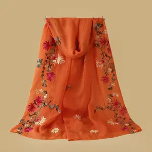 Boho Flower Embroidery Scarf Vintage Breathable Thin Shawl Women Head Wrap Travel Beach Towel Scarves
