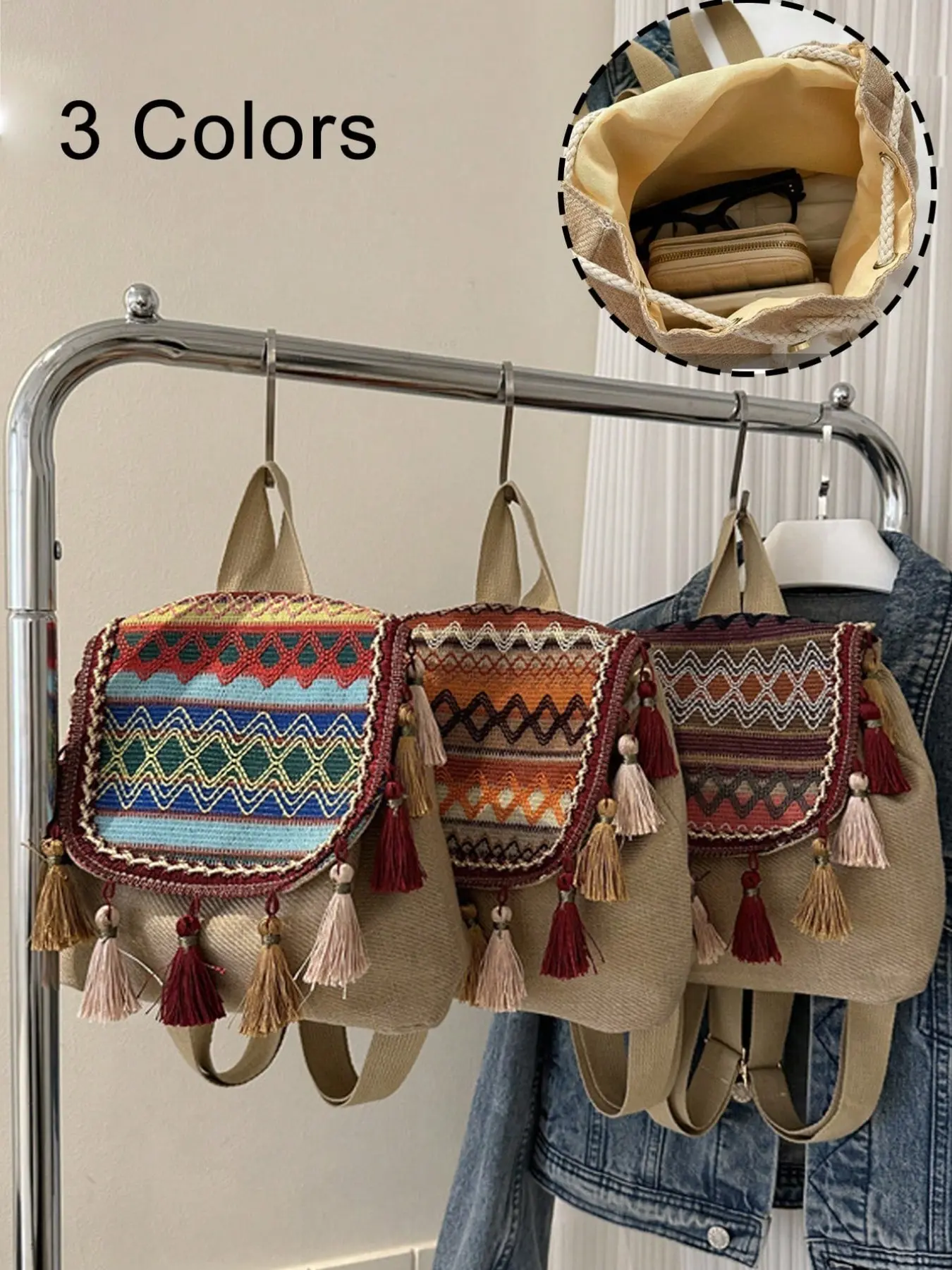 Handmade Woven Straw Backpack, Bohemian Vintage Beach Bag, Flip Cover Drawstring Shoulder Bag, Fashionable Travel Hook-And-Yarn Bag