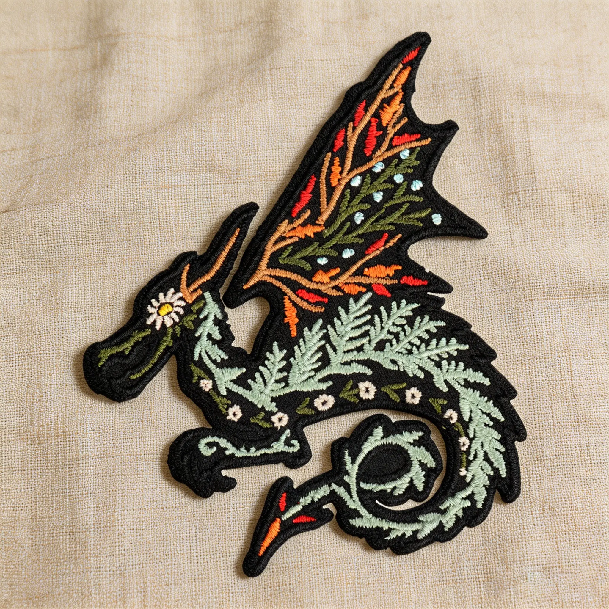 Embroidered Dragon Patch with Floral Pattern, Embroidered Patches, Adhesive Iron-On Appliqué for Clothes, Jackets, Hats, DIY Fashion Accessories, Embroidery Patches