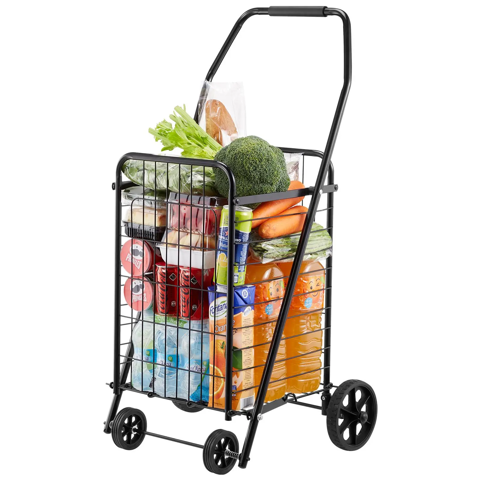 VEVOR Foldable Metal Frame Shopping Cart, 90 lbs Load Capacity Utility Cart with Swivel Wheels, Heavy-Duty Folding Rolling Basket for Grocery, Laundry Use (Black)