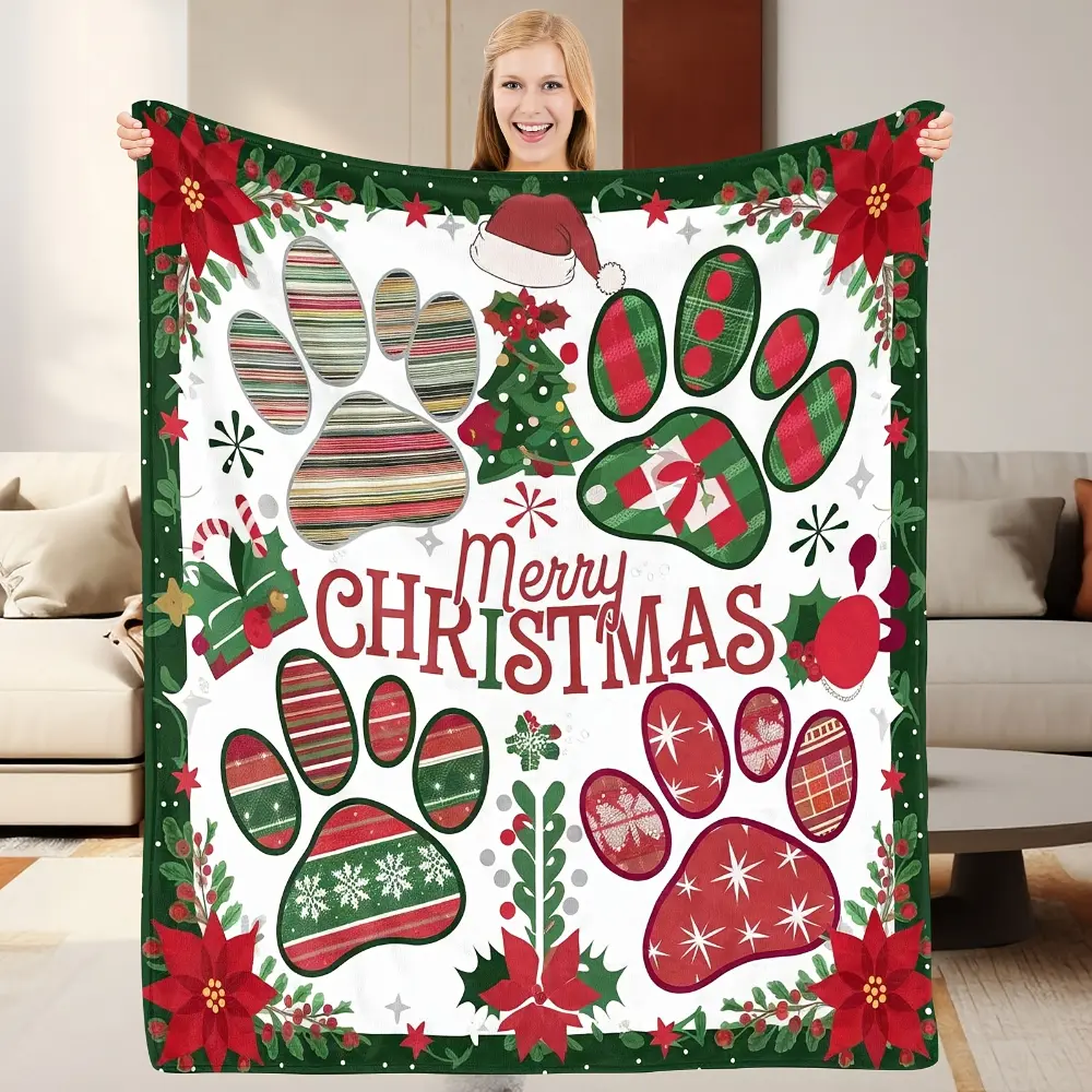 Christmas Pet Paw Blanket, Soft Flannel Throw Blanket with Merry Christmas Paw Print Floral Border, Cozy Gift for Dog Moms Cat Moms Pet Lovers and Family, Holiday Home Decor for Bed Couch Sofa, Lightweight Warm Throw