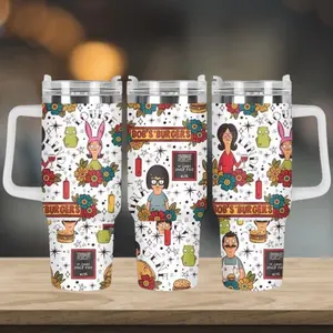 Bob's Burgers Family Pattern Tumbler - Linda, Bob, Tina, Gene, Louise & Kuchi Kopi Insulated Mug with Handle & Straw - Perfect for Fans of Belchers, Burgers & Animated Sitcoms