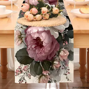 2D flat printing, 1-piece set of pink and white peony floral table flags, romantic wedding table flags, elegant engagement and wedding anniversary table flags, retro garden style, suitable for hotel welcome areas and holiday home furnishings