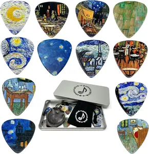Impressionist Guitar Picks  Set For Guitarist - 12 Pack Light/Medium/Heavy, Custom Collectible Tin, Leather Pick Holder, Custom Drawstring Carry Bag