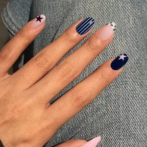 24pcs Short Oval Press-On Nails Leopard French Style, Star Stripe Design, Cute Y2K Elements, Full Coverage Acrylic False Nails, Leopard Print Nails